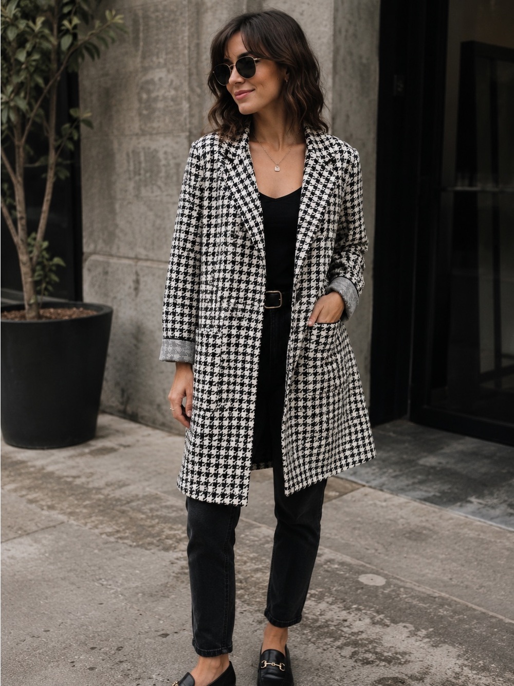RW&CO. Houndstooth Long Coat - Black & White